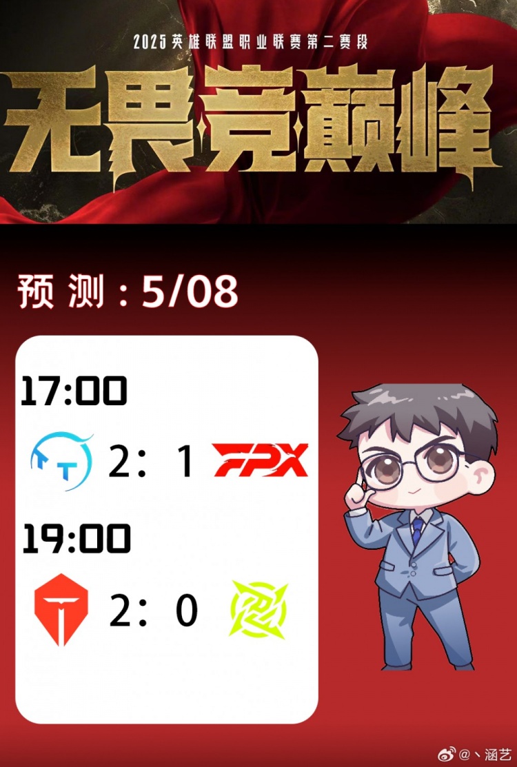 涵艺预测今日LPL赛果：TT 2-1 FPX TES直接横扫NIP！
