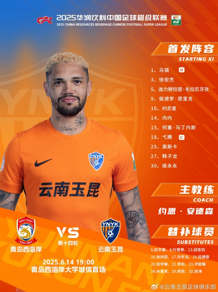 云南玉昆今日首发阵容