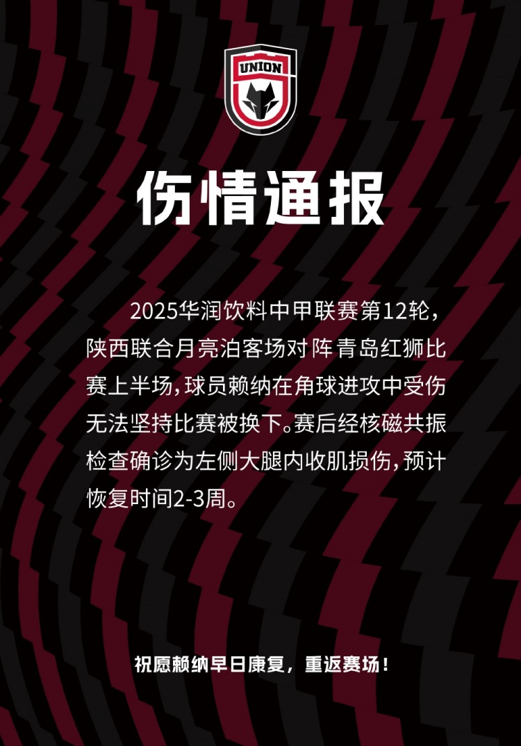 陕西联合官方：中卫赖纳左侧大腿内收肌损伤，预计恢复时间23周