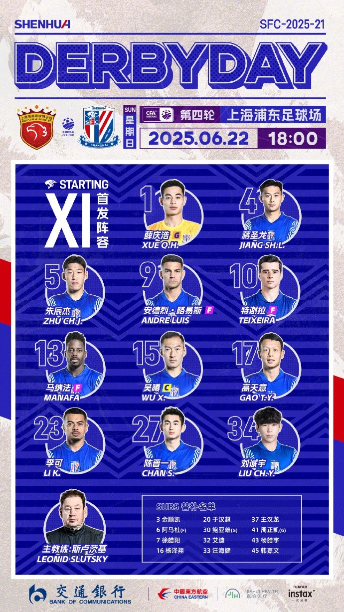 2025中国足协杯第4轮上海海港vs上海申花首发名单