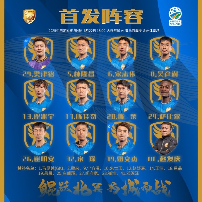 大连鲲城VS青岛西海岸首发出炉！