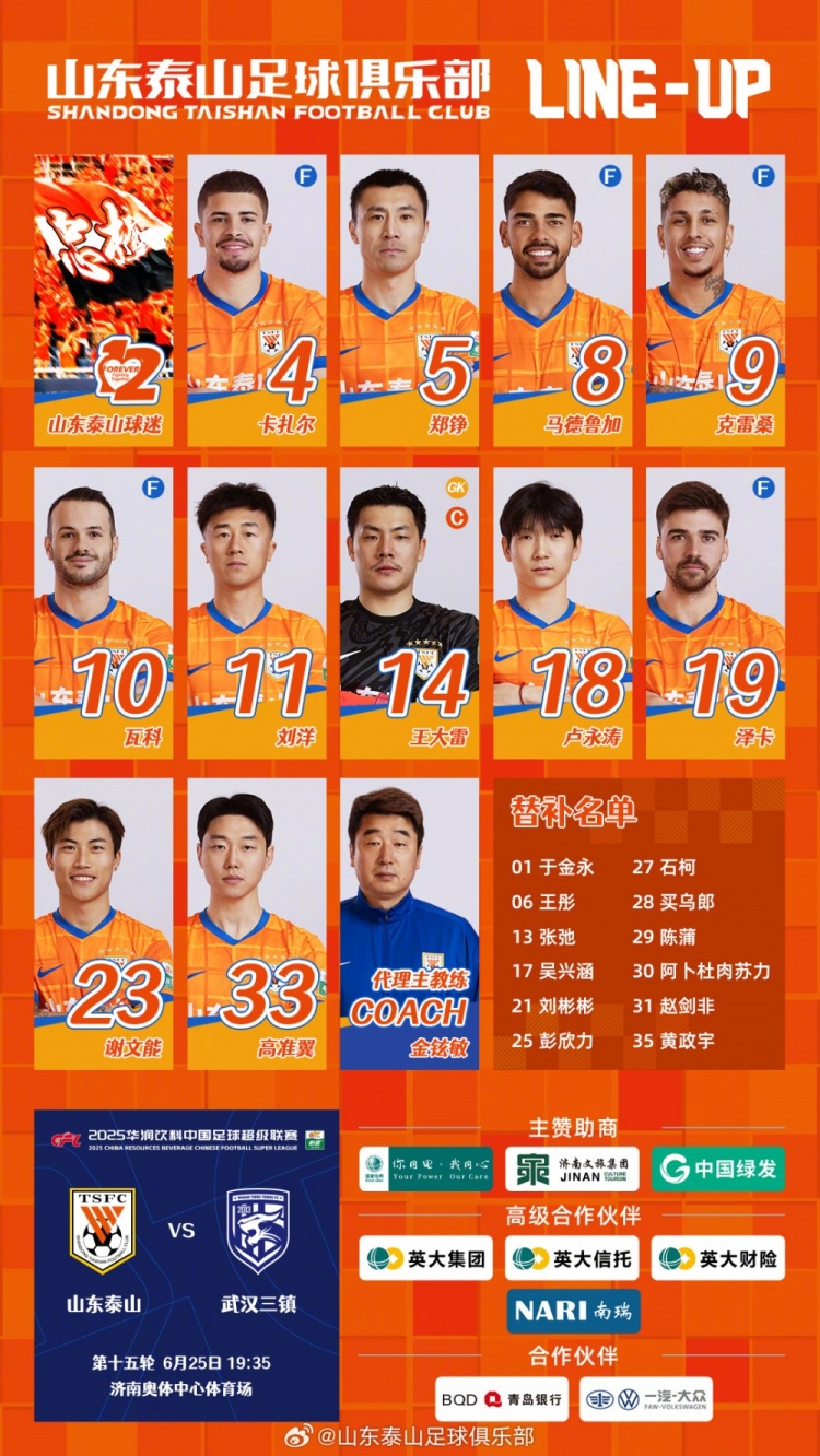 山东泰山今日阵容，加油