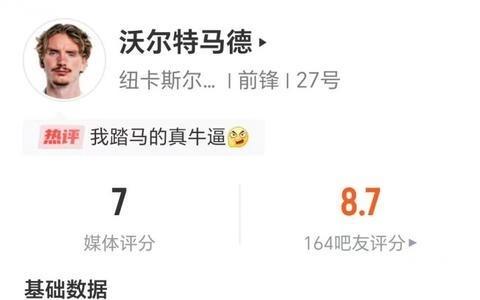 首开纪录，沃尔特马德数据：1射1正，地面对抗、争顶成功率均挂蛋