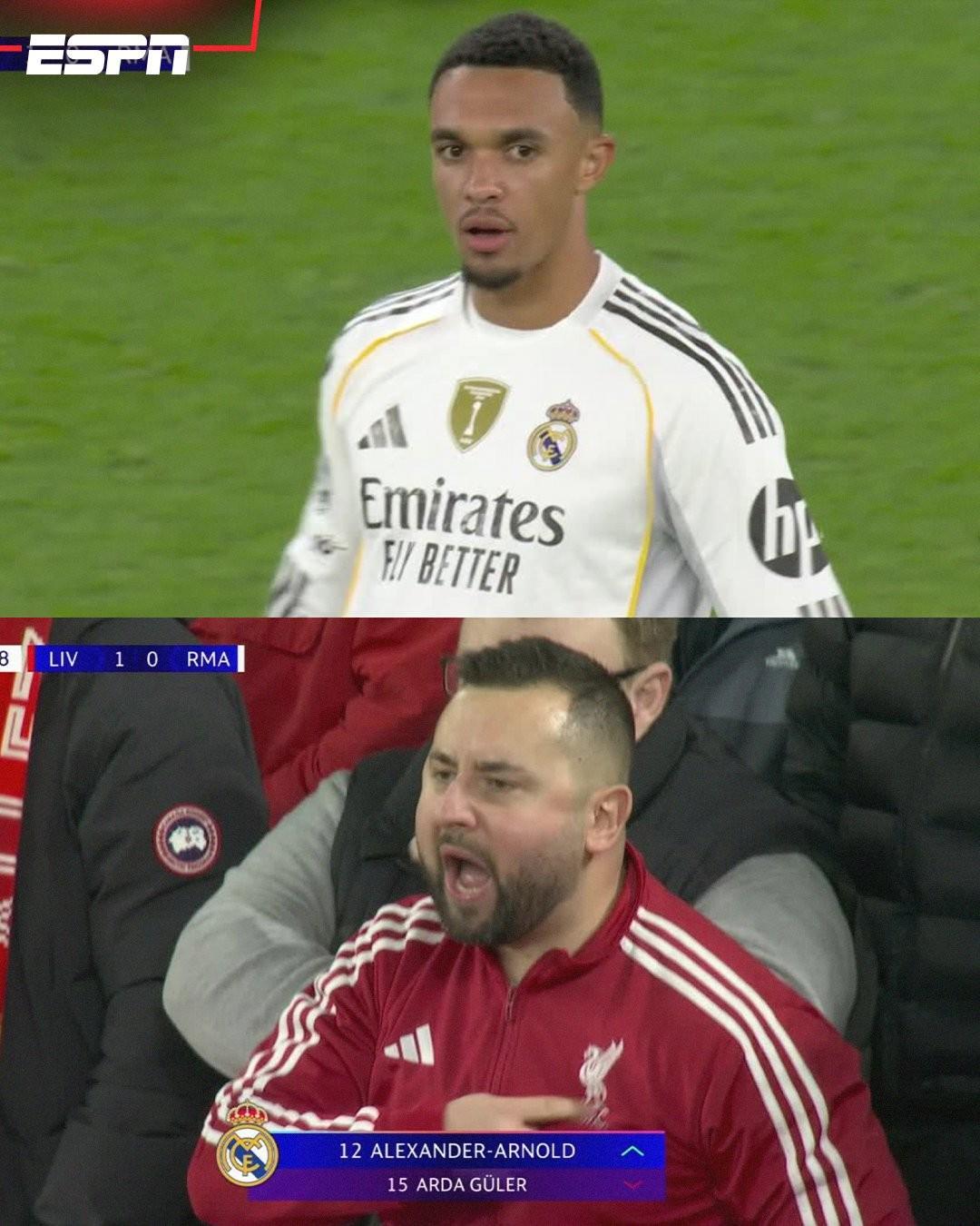 镜头语言，阿诺德上场镜头给到一位利物浦球迷亲吻队徽