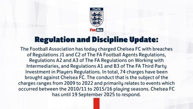 英足总官方：对切尔西提起74项财务指控，涉及2009年2022年间