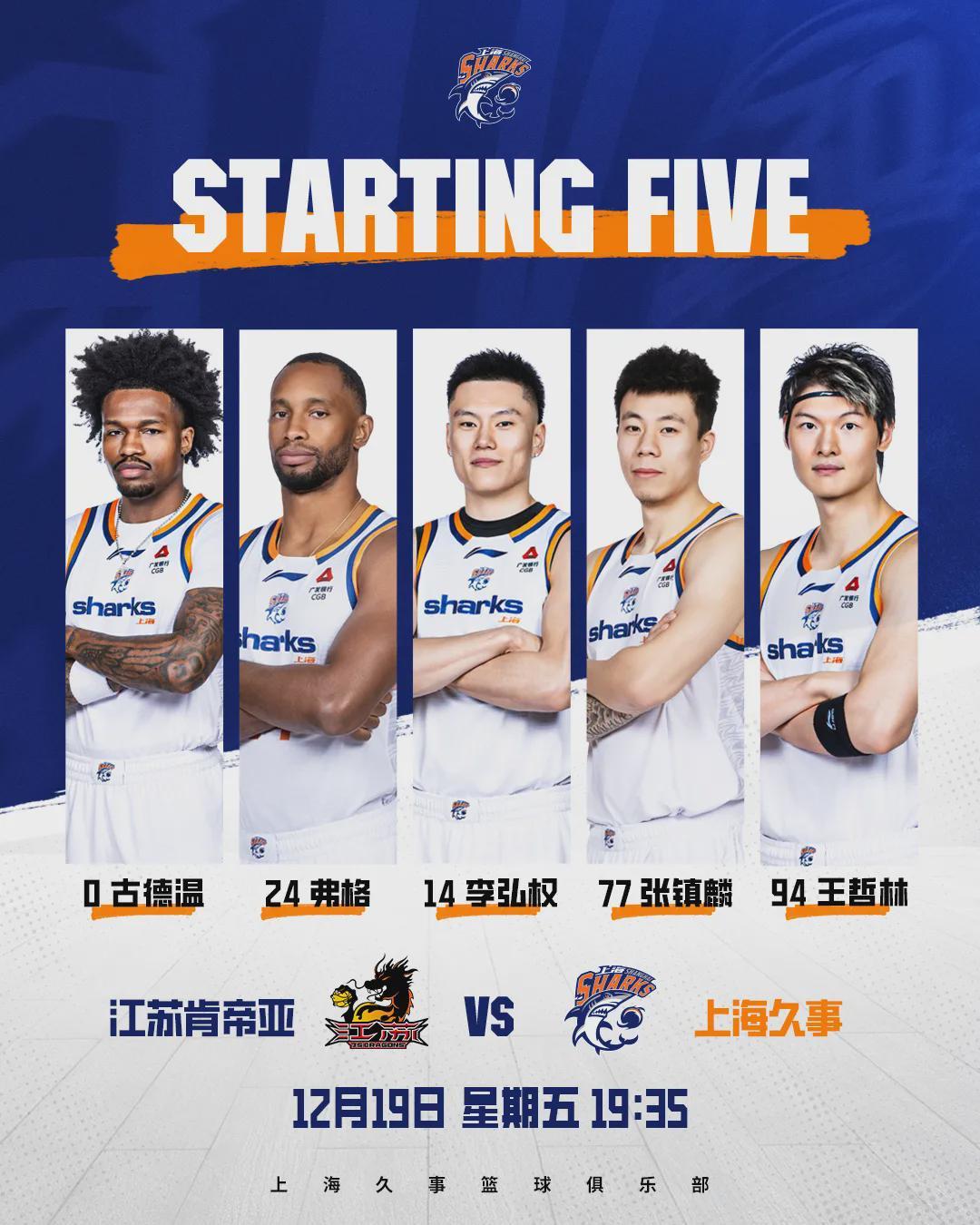 CBA常规赛第3轮，上海男篮10189战胜江苏肯帝亚