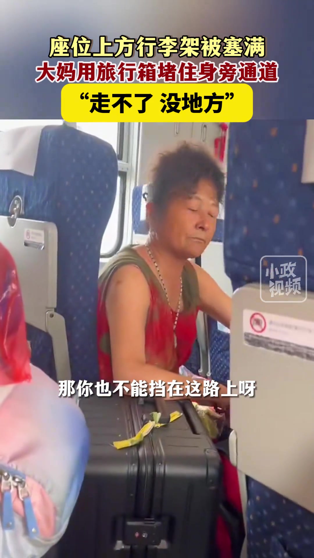 大妈把旅行箱堵住身旁过道 引发乘客不满