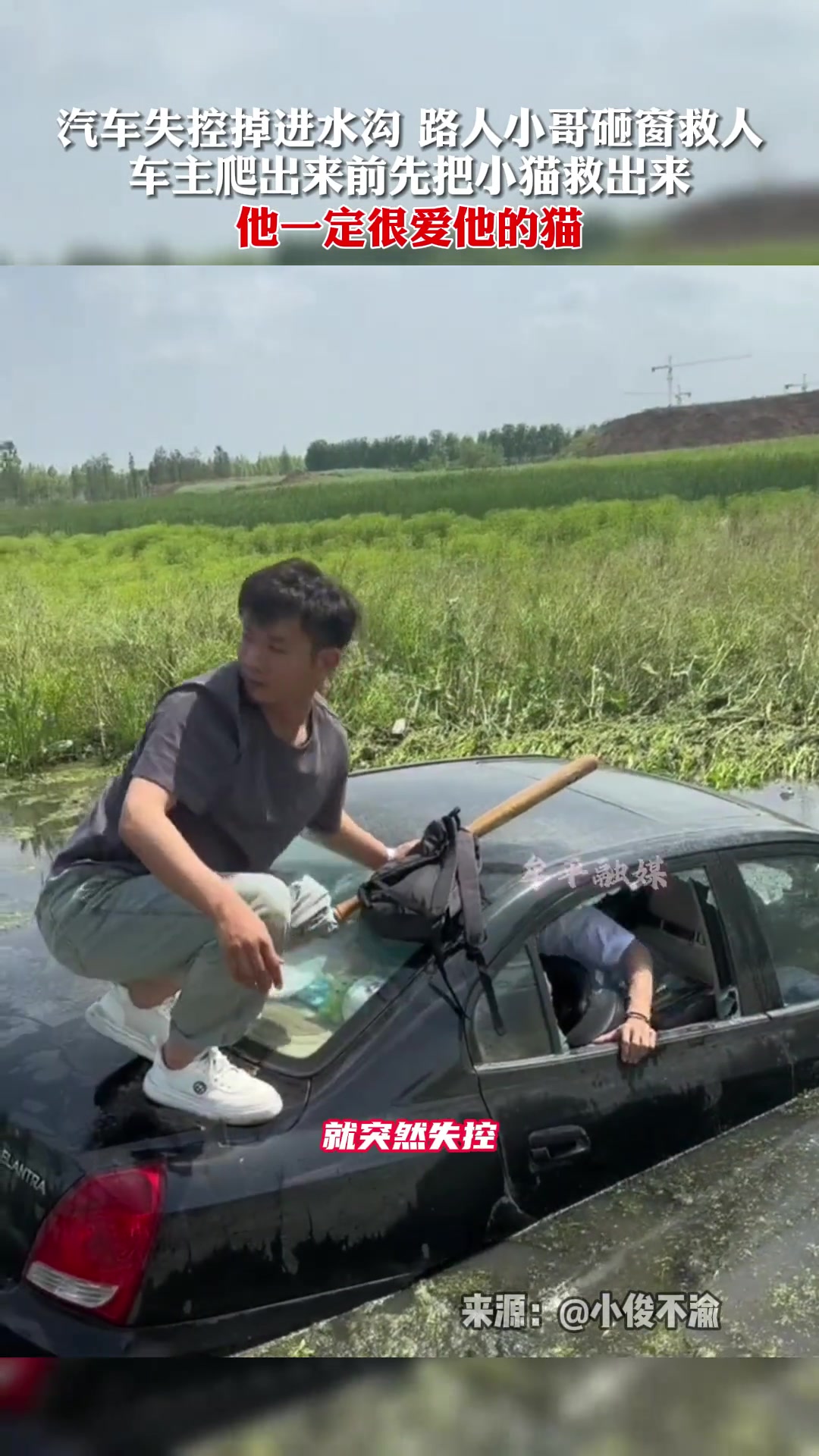 暖心！车掉沟里了 路过的好心小哥砸窗救人