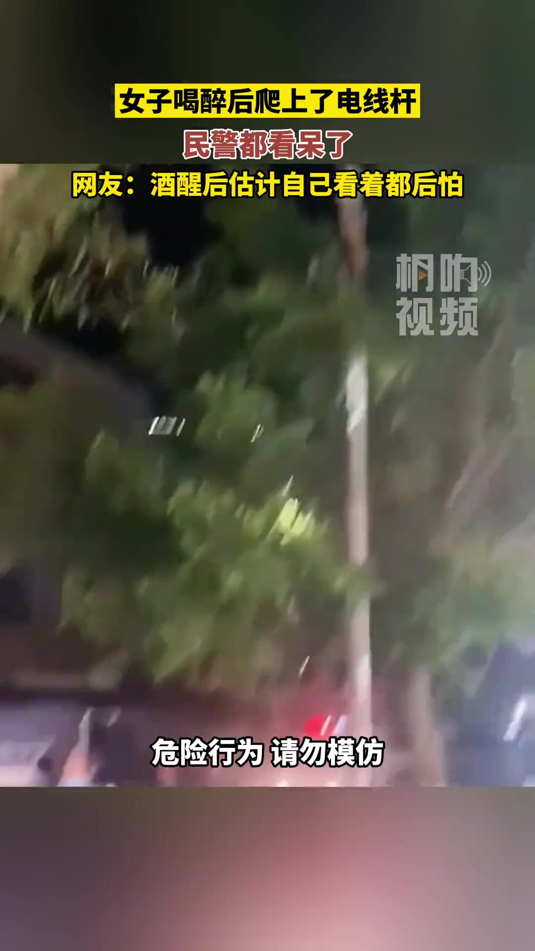女子喝醉后爬上电线杆 酒醒后估计自己看着都怕