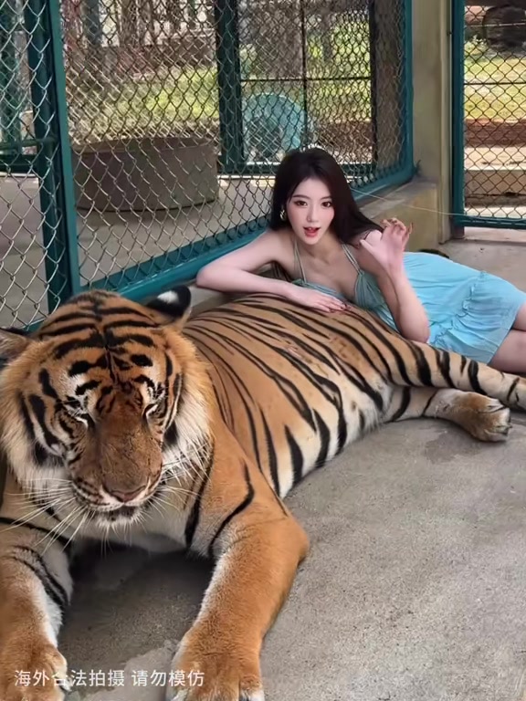 性感女子身穿吊带裙狂撸老虎