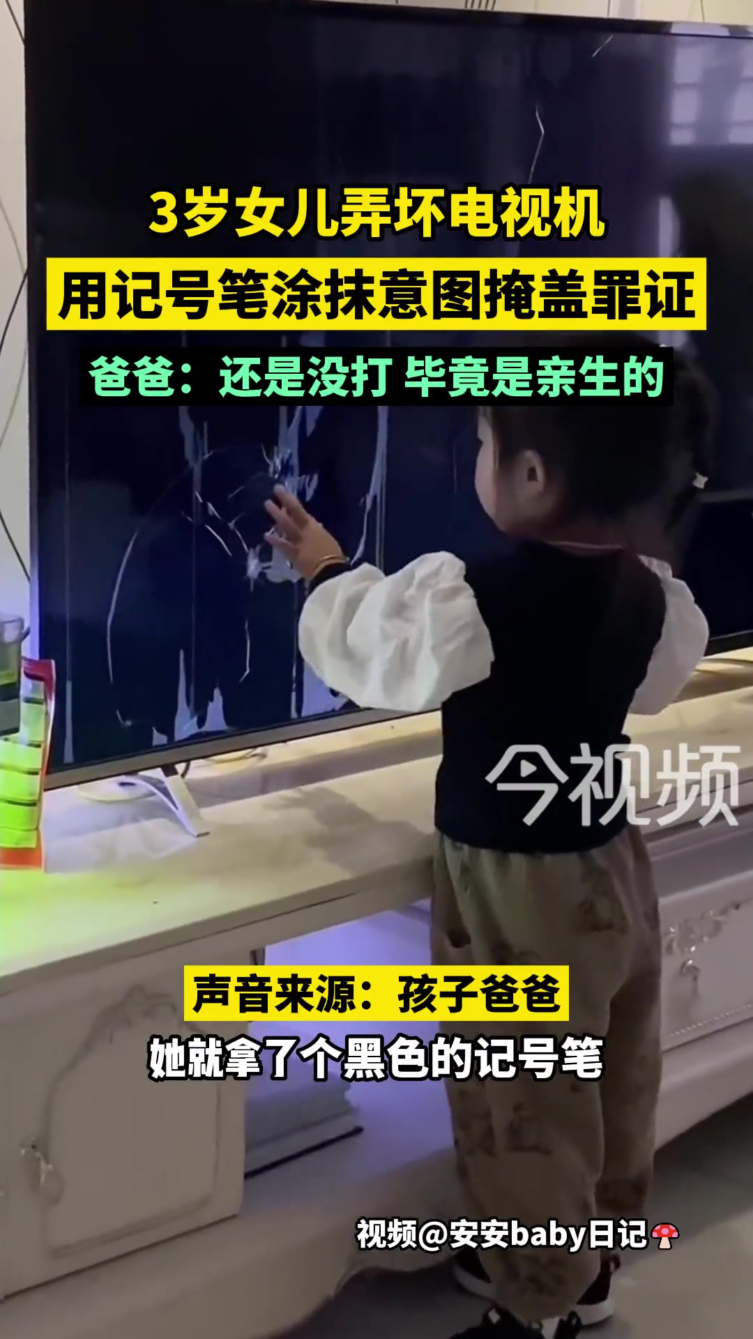 女儿弄坏电视机，用记号笔涂抹意图掩盖罪证