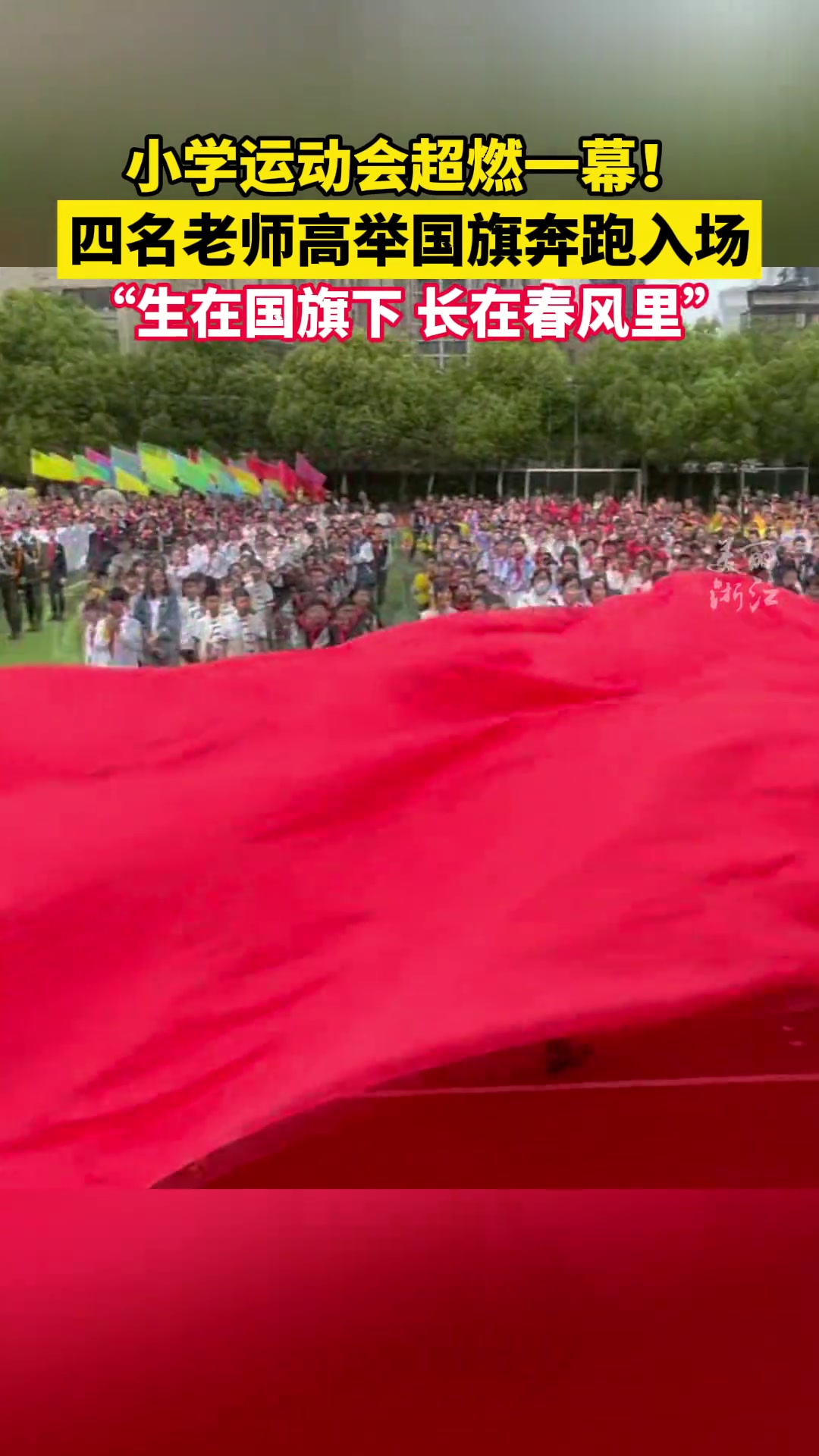 燃！小学运动会开幕式，四名老师高举国旗奔跑入场~