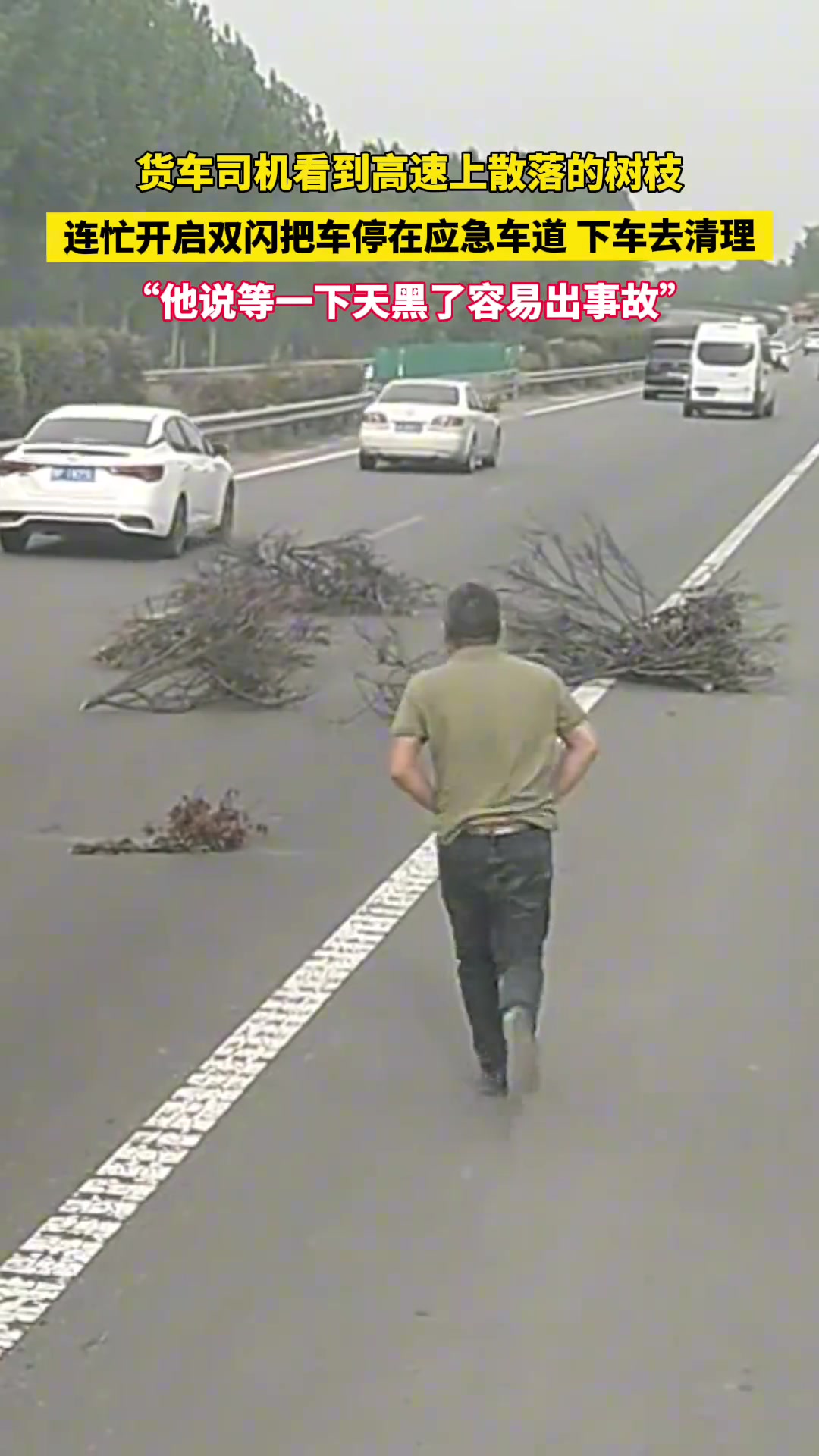 货车司机看到高速上散落的树枝连忙开启双闪下车去清理