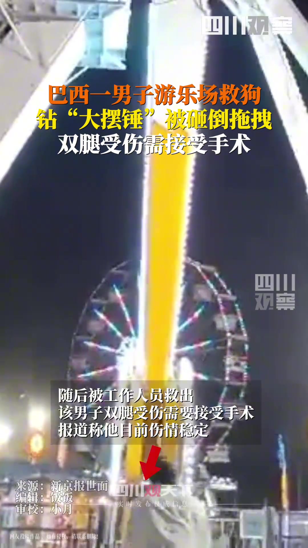 男子钻围栏救狗被大摆锤砸倒拖拽