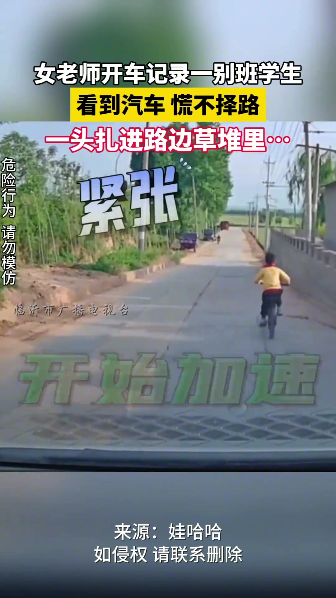 小男孩看到汽车慌不择路 一头扎进路边草堆里…