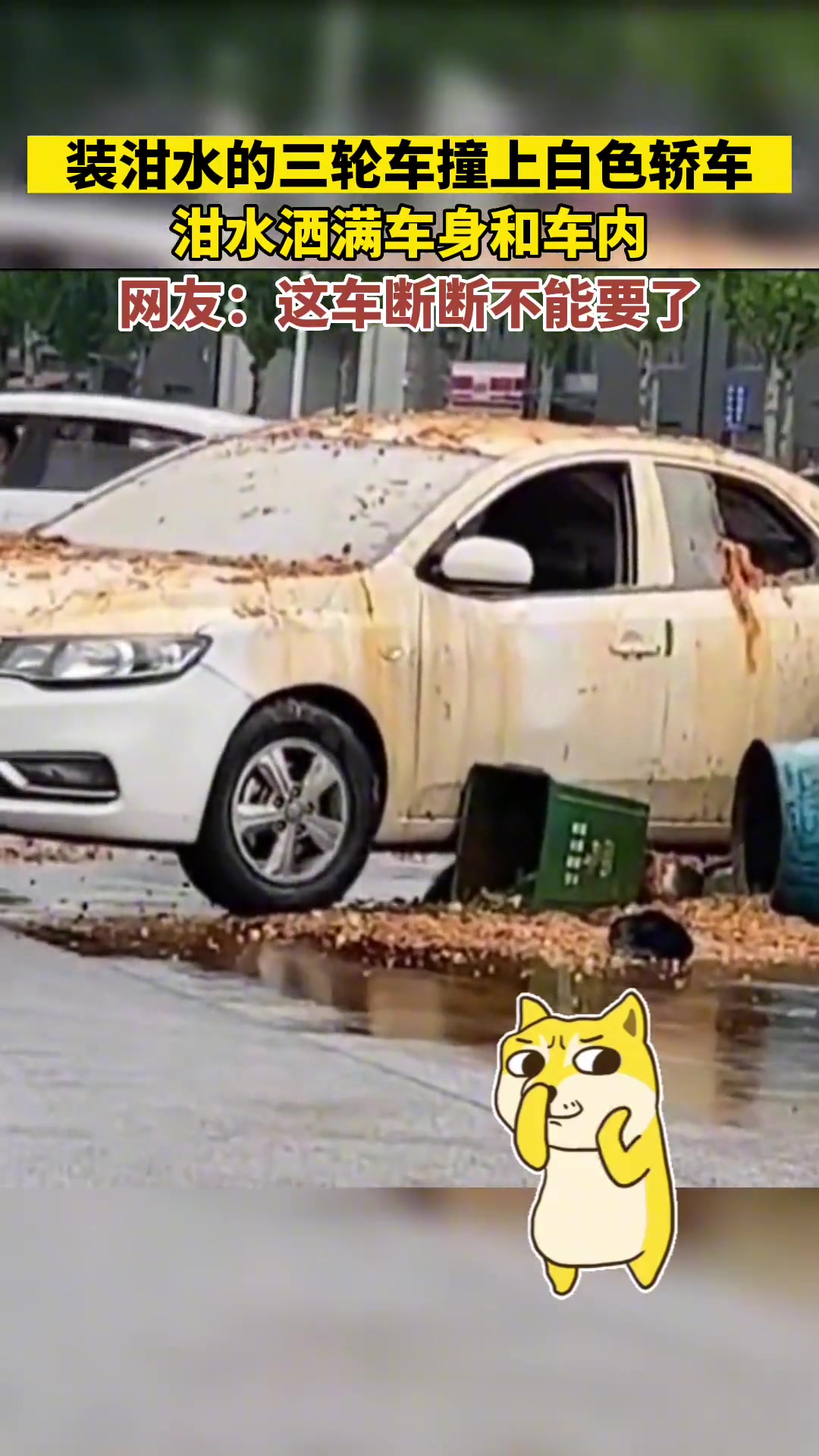 泔水车撞到白色轿车，隔着屏幕都闻到了味