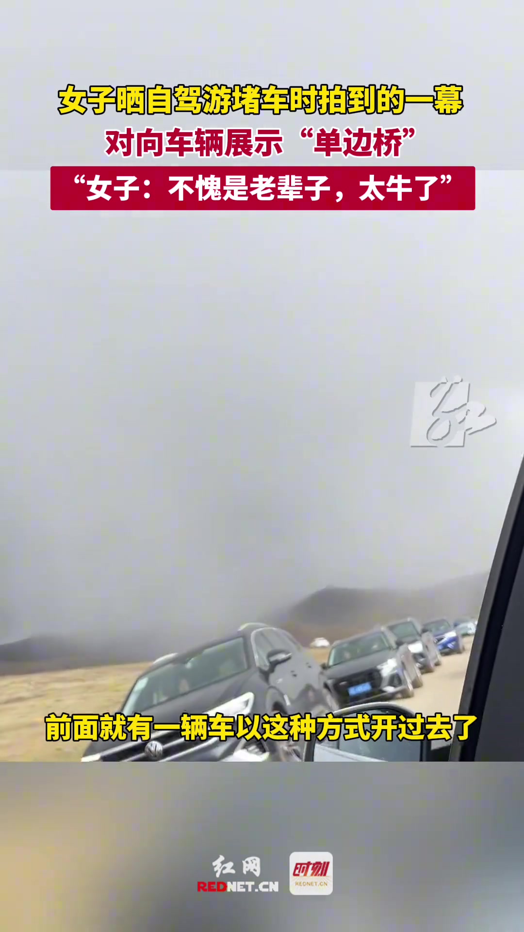 女子晒自驾游堵车拍到的一幕，对向车辆展示“单边桥”
