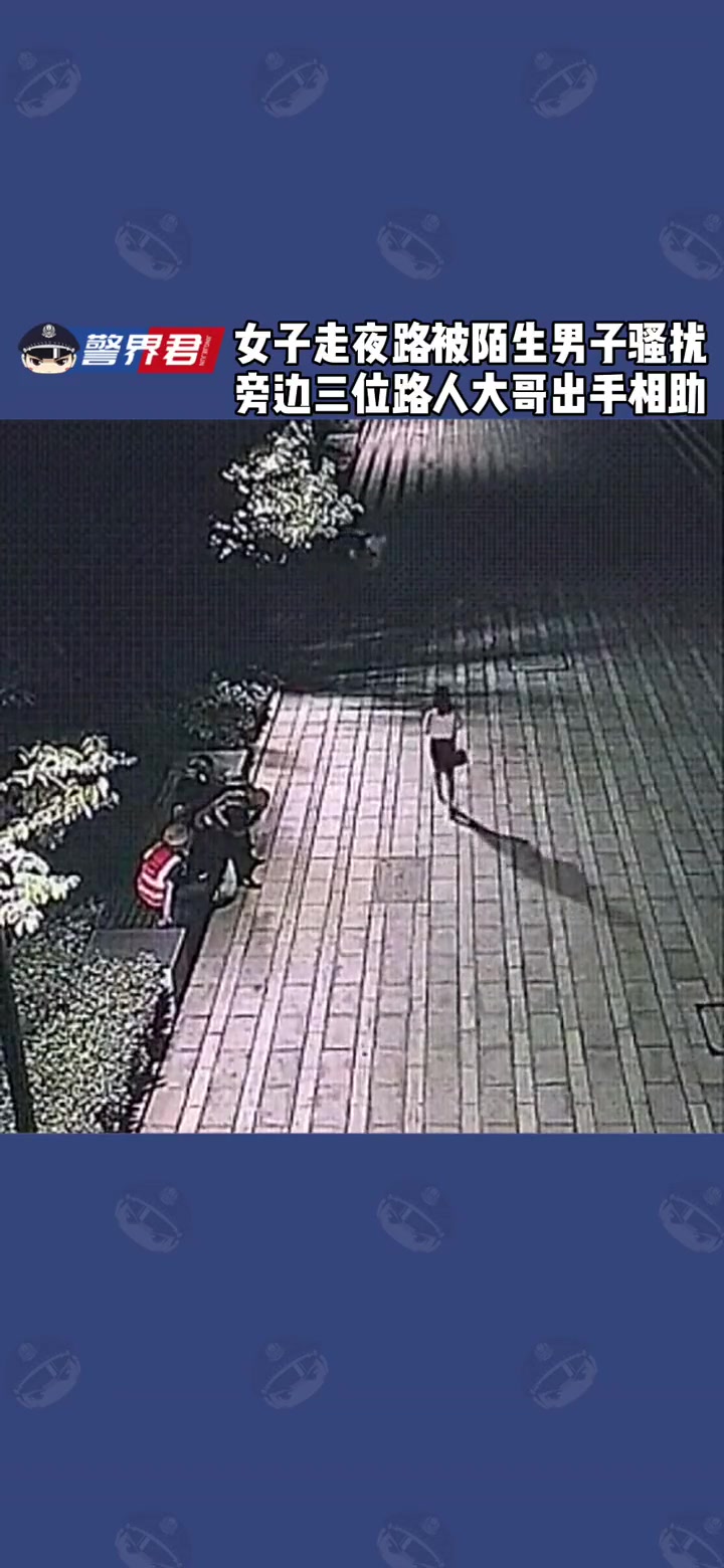 女子走夜路被陌生男子骚扰 旁边三位路人大哥出手相助