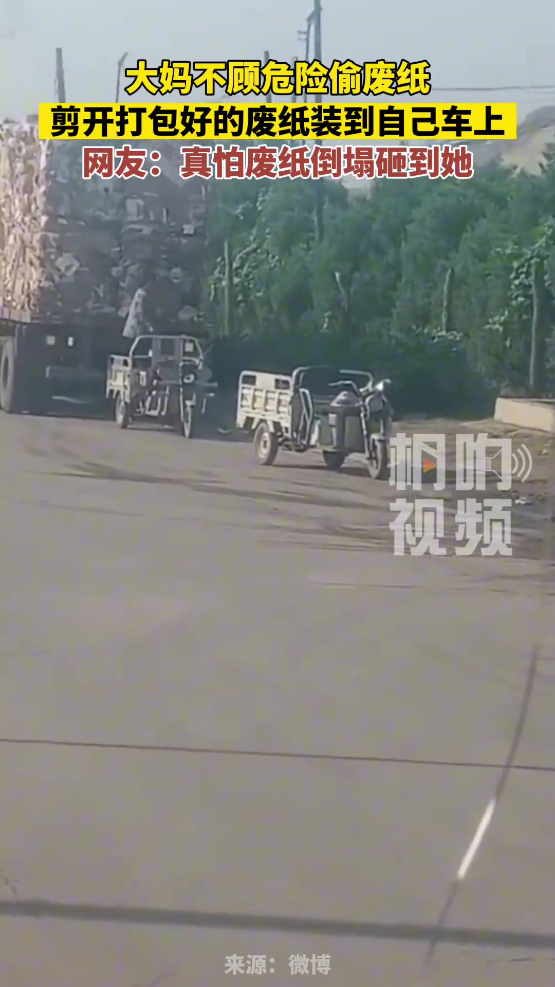 大妈不顾危险偷废纸，剪开打包好的废纸装到自己车上
