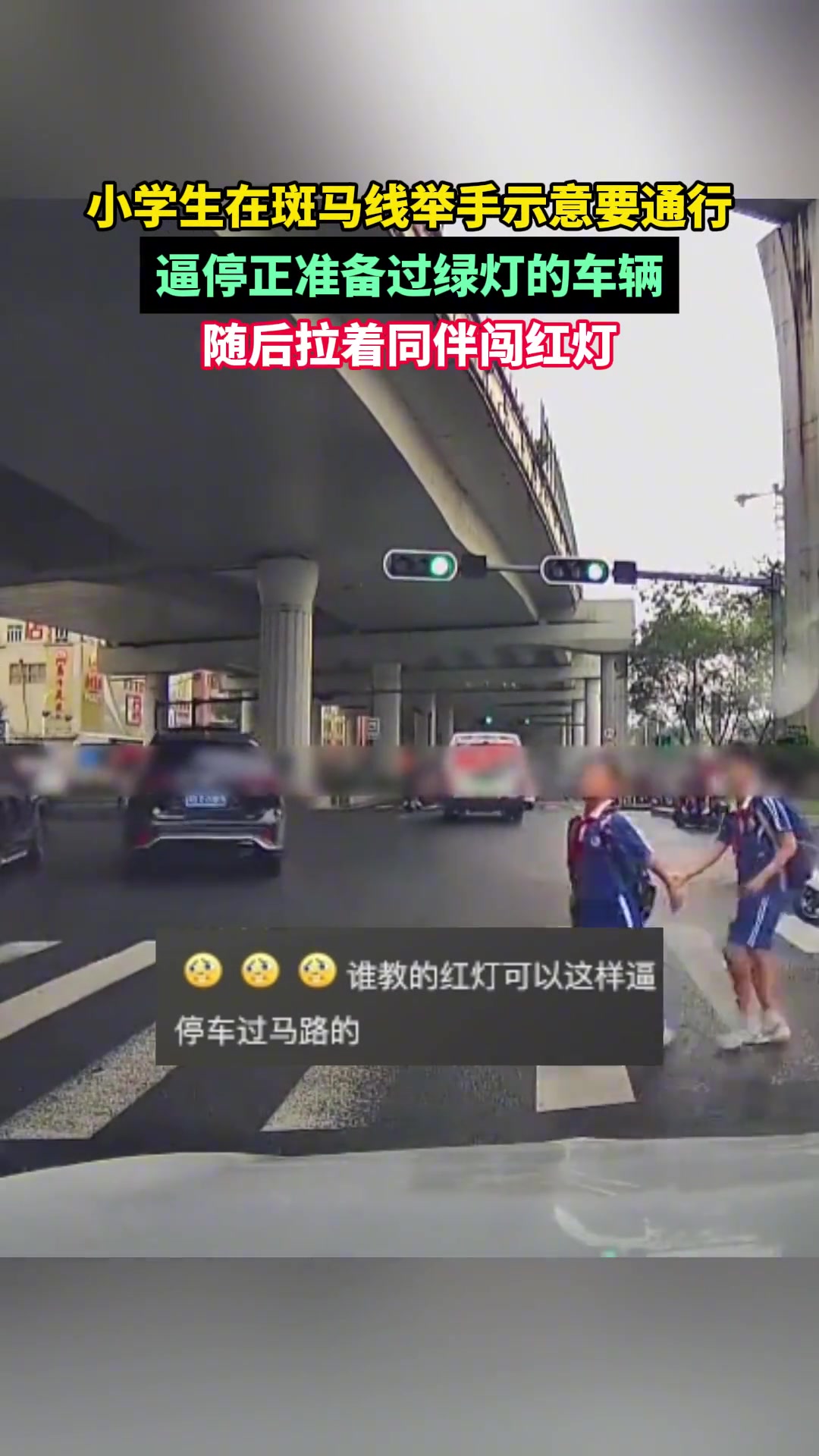小学生斑马线举手示意要通行，逼停正准备过绿灯的车辆