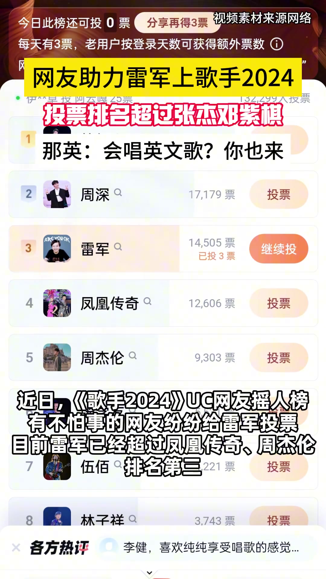 网友助力雷军上歌手2024，投票排名超过张杰邓紫棋