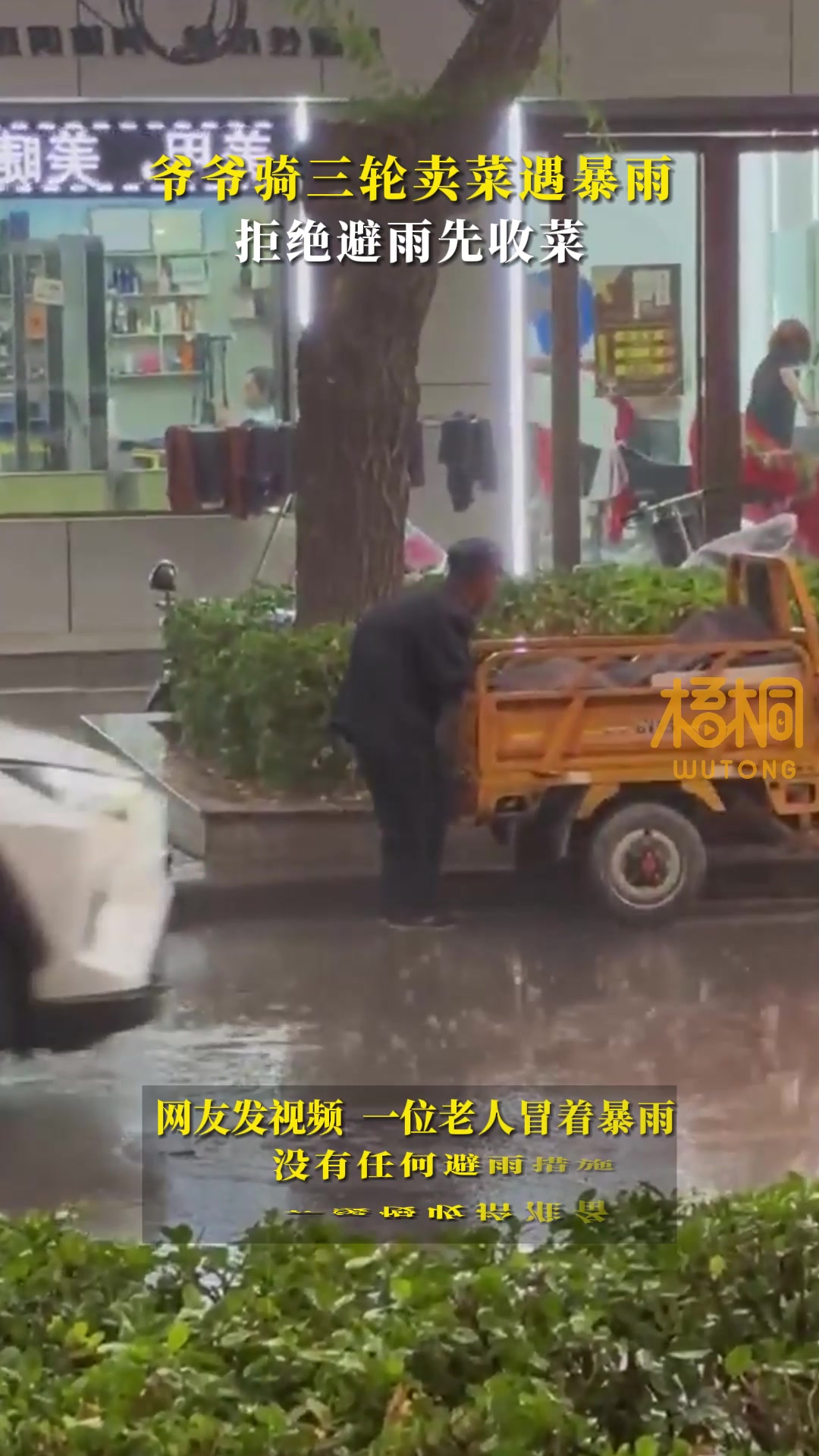 下大雨，卖菜大爷的心里第一时间想的是保护好自己的菜