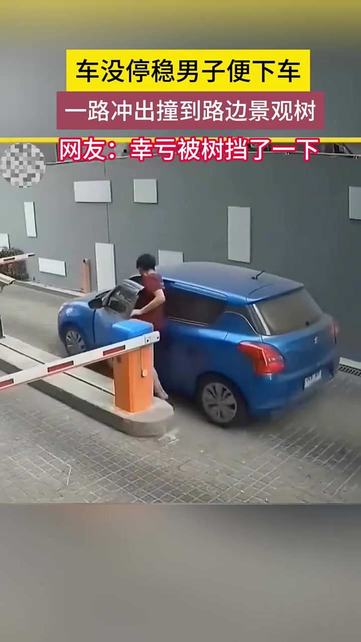 车没停稳男子便下车一路冲出撞到路边！幸亏树挡了一下