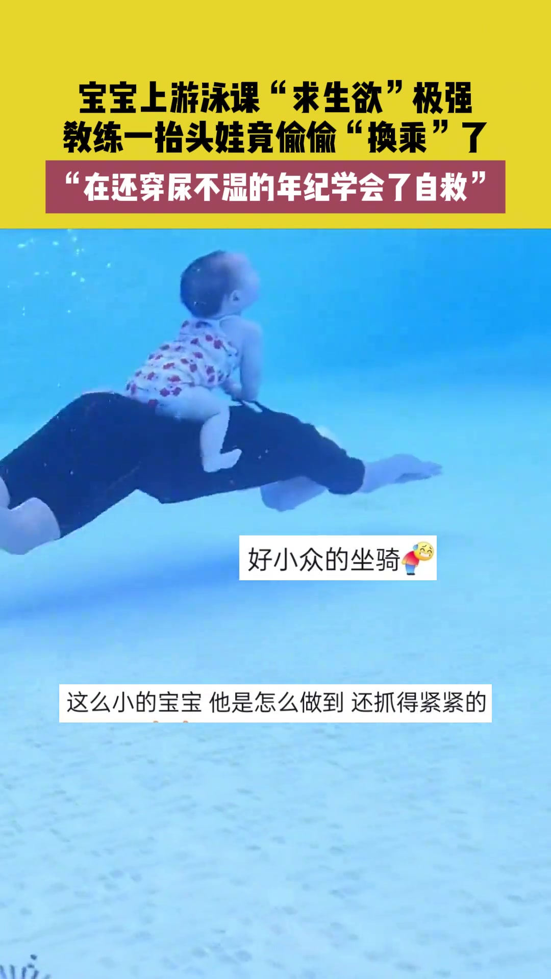 宝宝上游泳课“求生欲”极强，下水后竟偷偷“换乘”