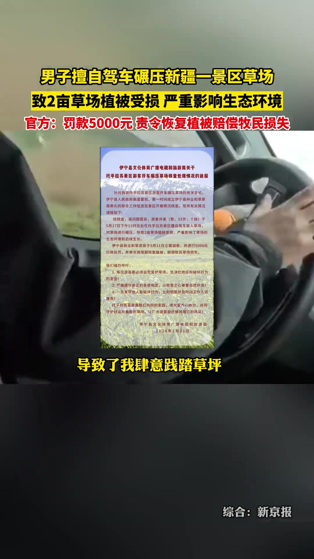 男子驾车碾压景区草场，致两亩草场植被受损