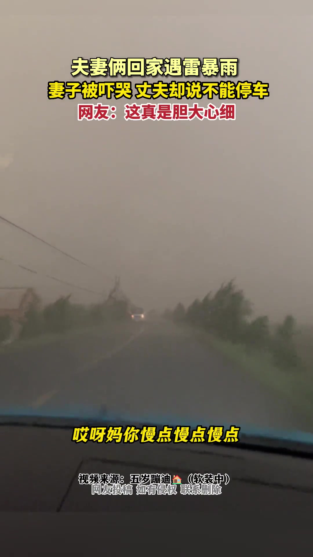吓人！夫妻回家遇雷暴雨妻子被吓哭 丈夫却说不能停车
