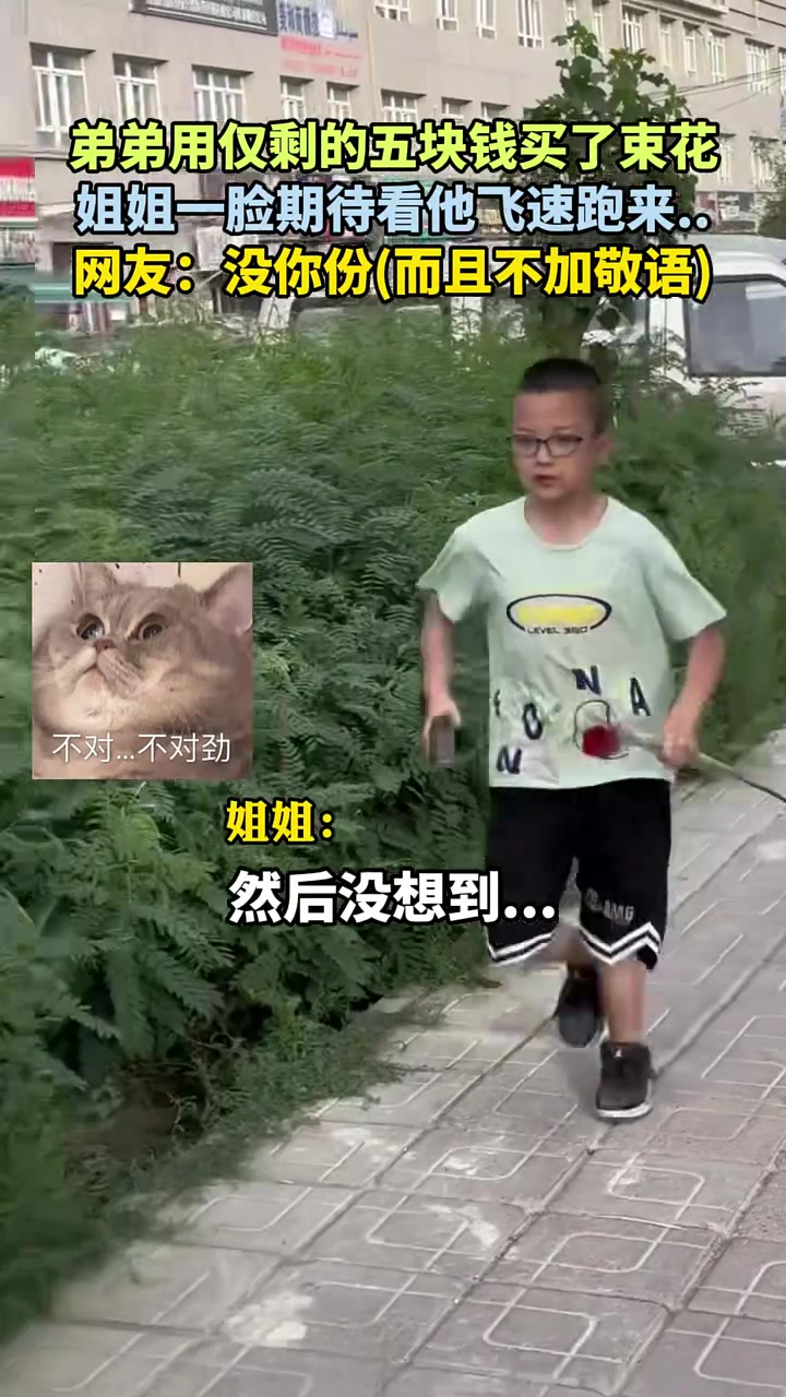 弟弟用仅剩的五块钱买了束花姐姐一脸期待看他飞速跑来