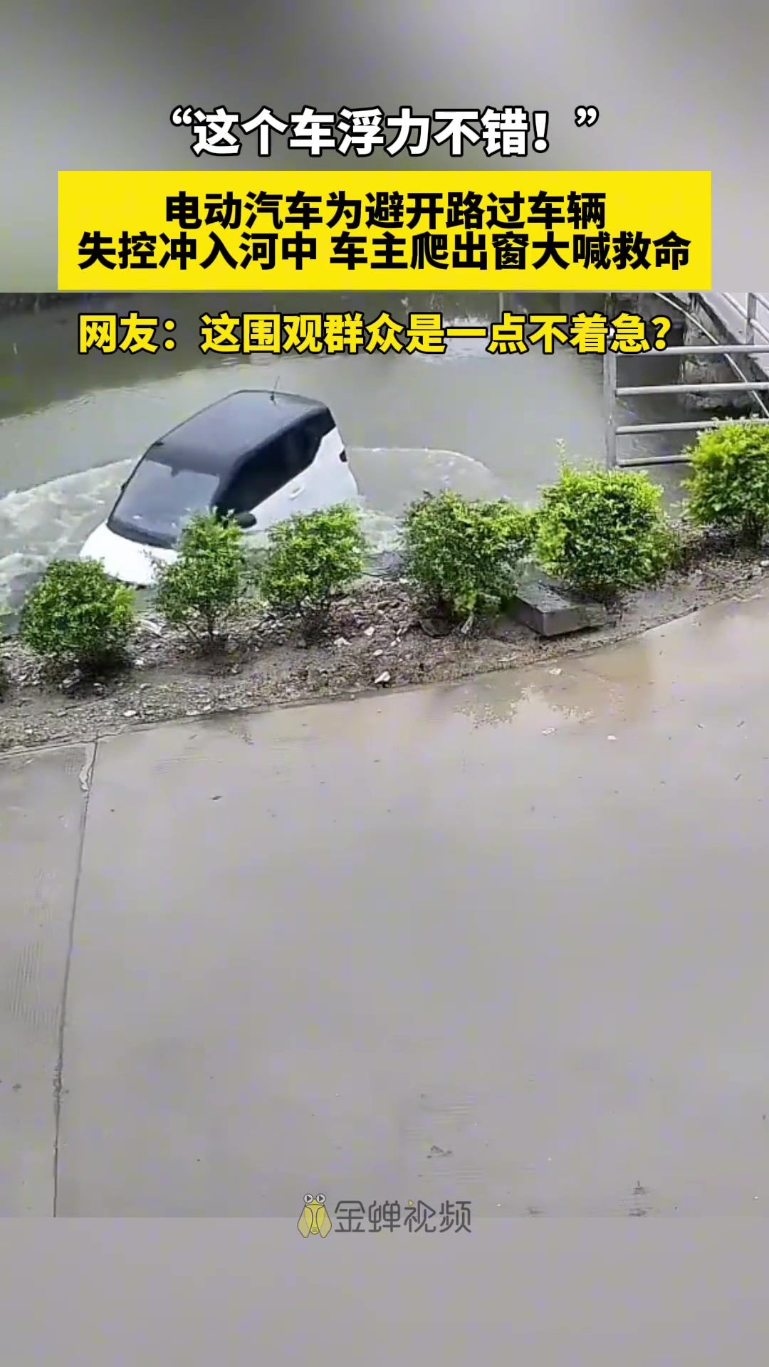 电动汽车为避开路过车辆，失控冲入河中！