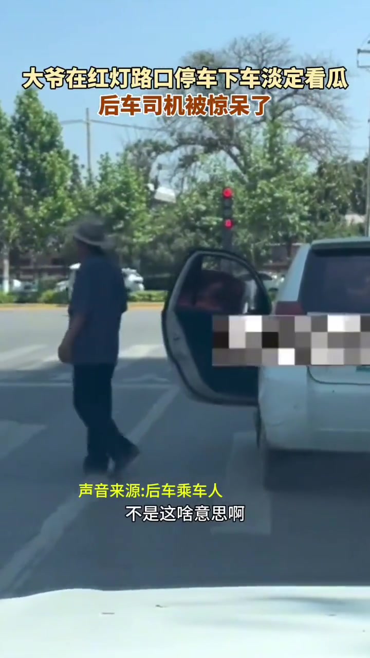 大爷在红灯路口停车下车淡定去看西瓜 后车司机惊呆了
