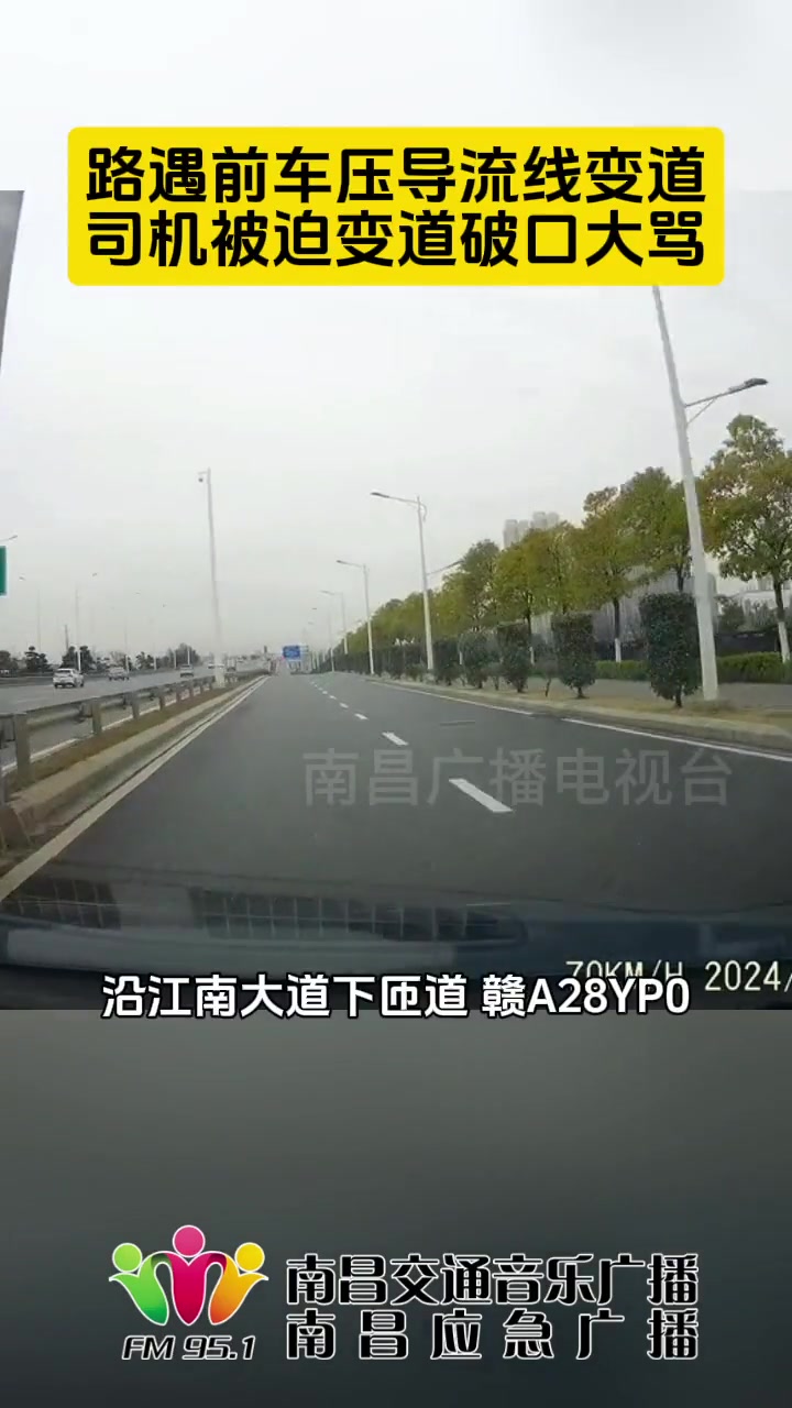 路遇前车压导流线变道 司机被迫变道破口大骂