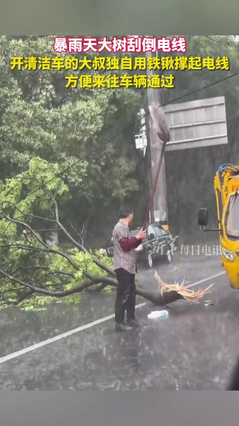暴雨天大树刮倒电线，大叔独自用铁锹撑起电线！