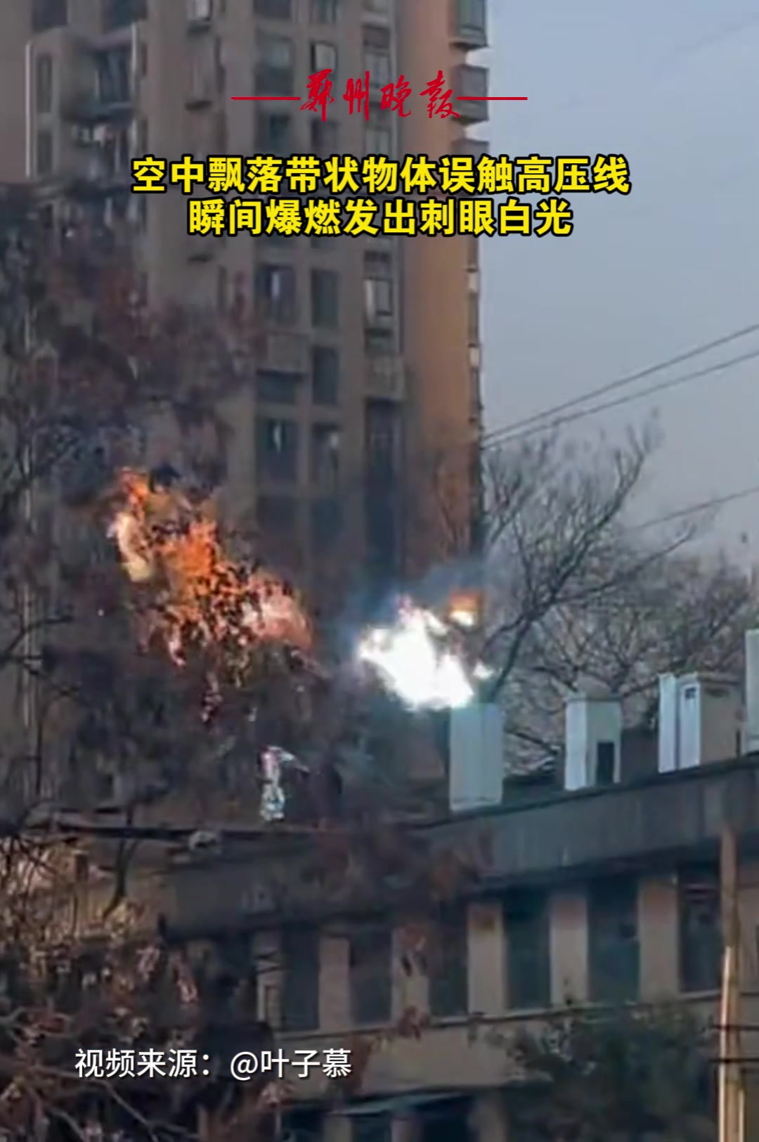 瞬间爆燃发出刺眼白光！空中飘落带状物体误触高压线