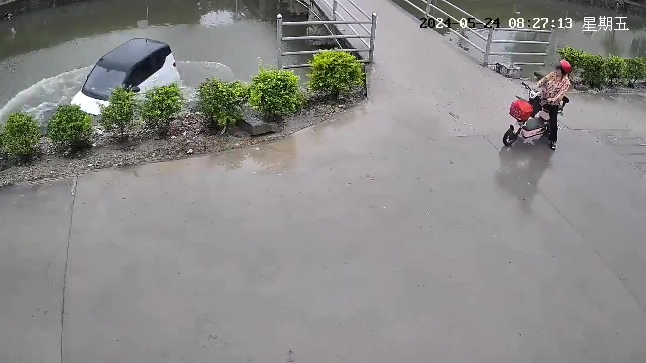 大妈急刹车，一旁小车直接窜进河里