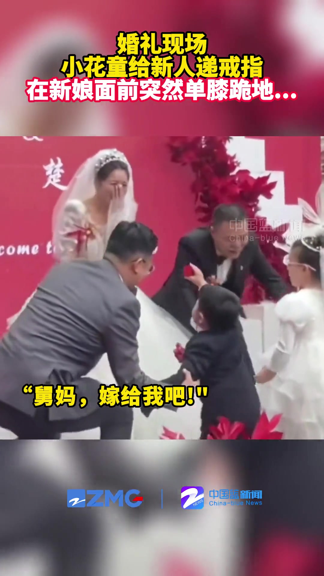 婚礼现场小花童给新人递戒指 在新娘面前突然单膝跪地