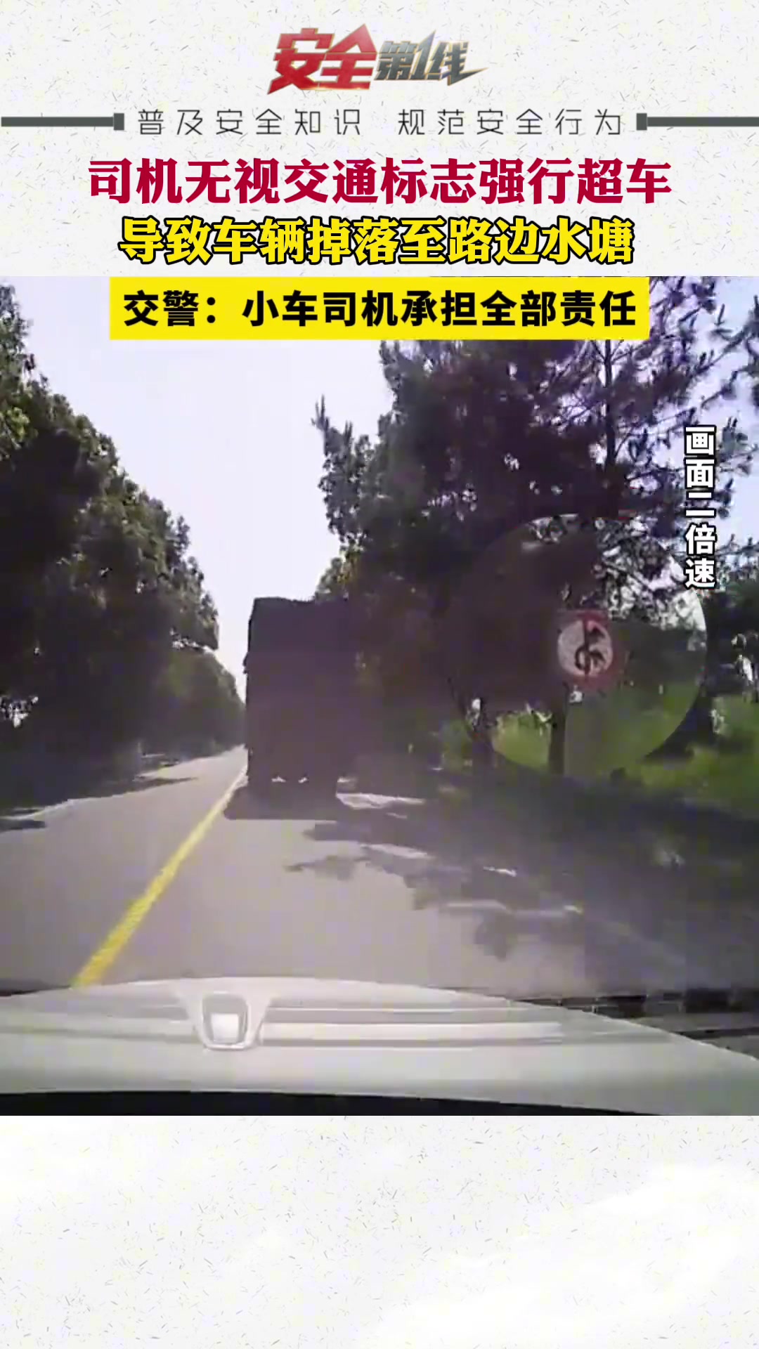 司机无视交通标志强行超车 导致车辆掉落至路边水塘