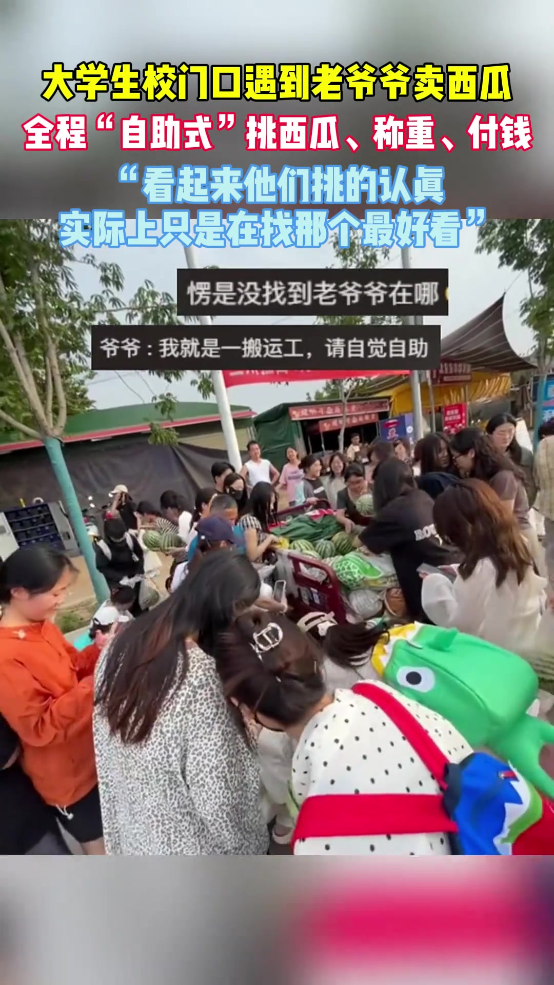 大学生校门口遇到老爷爷卖西瓜，全程“自助式”挑西瓜