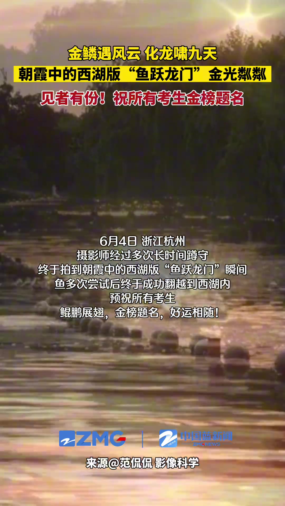 鱼跃龙门瞬间，朝霞中金光粼粼，祝所有考生金榜题名