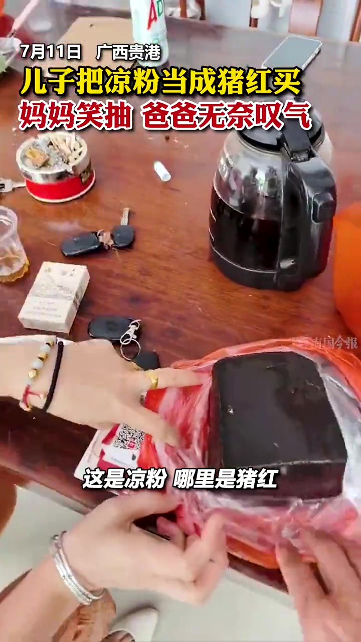 儿子把凉粉当成猪红买，妈妈笑抽爸爸无奈叹气