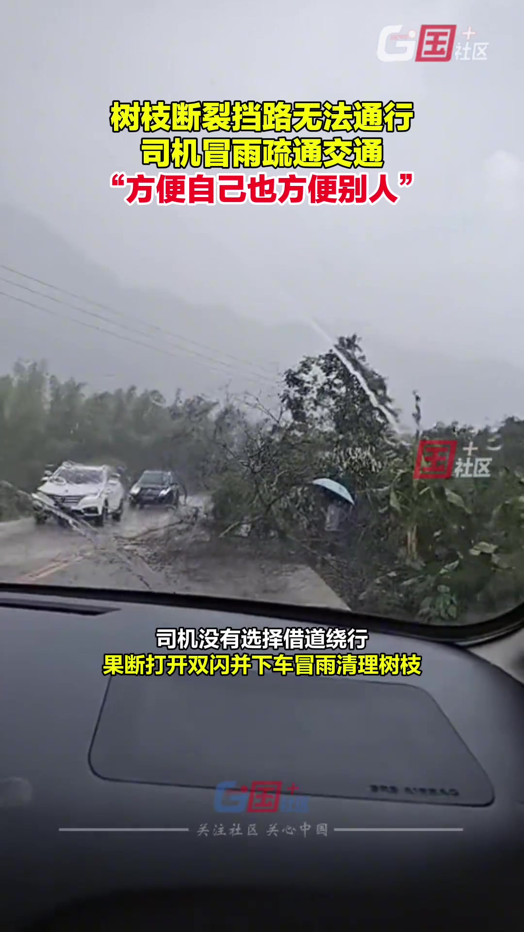 夫妻驾车发现树枝断裂挡住路 果断打开双闪清理路面