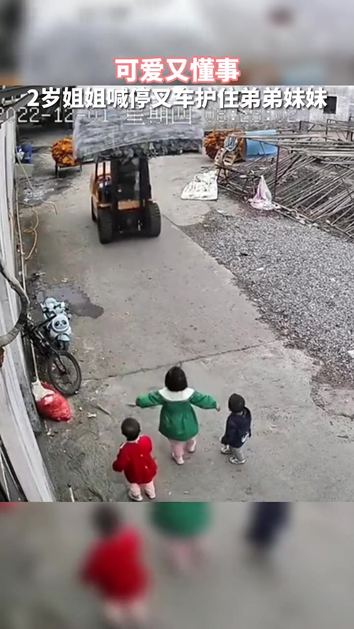 姐姐喊停叉车护弟弟妹妹