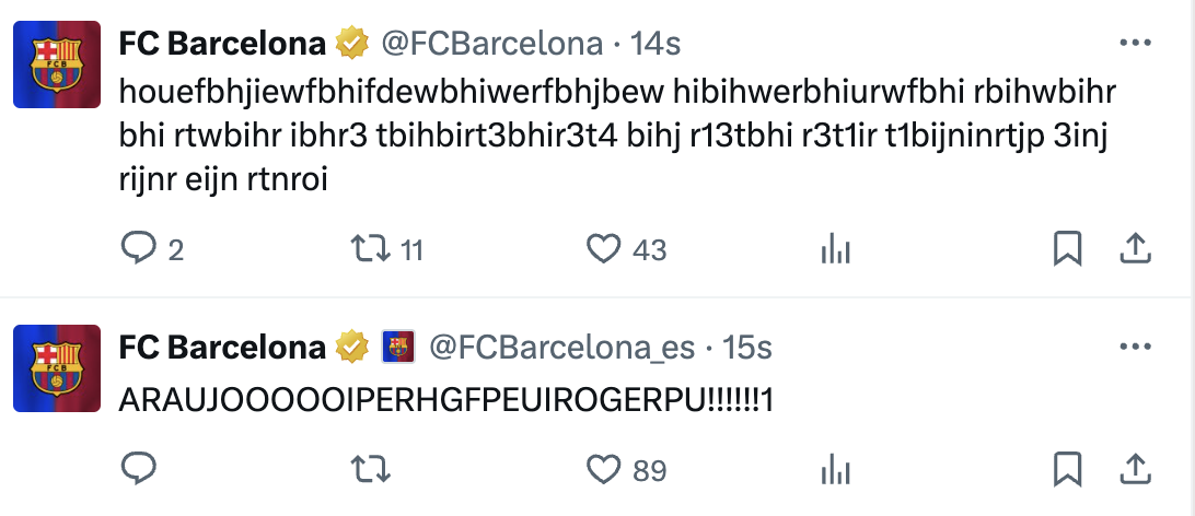 阿劳霍绝杀后，巴萨官方社媒激动到胡言乱语