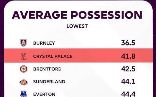 水晶宫是本赛季至今英超控球率第二低球队，但预期进球数最高