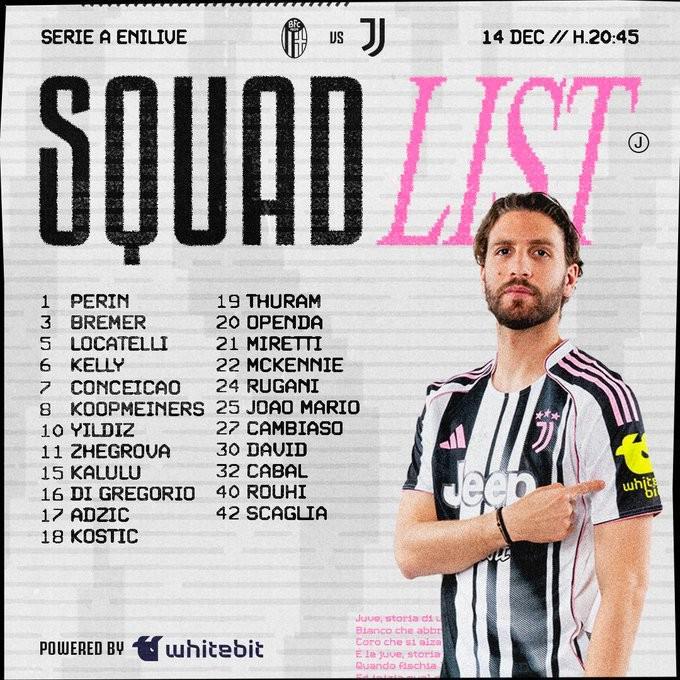 尤文公布客战博洛尼亚大名单：与周中