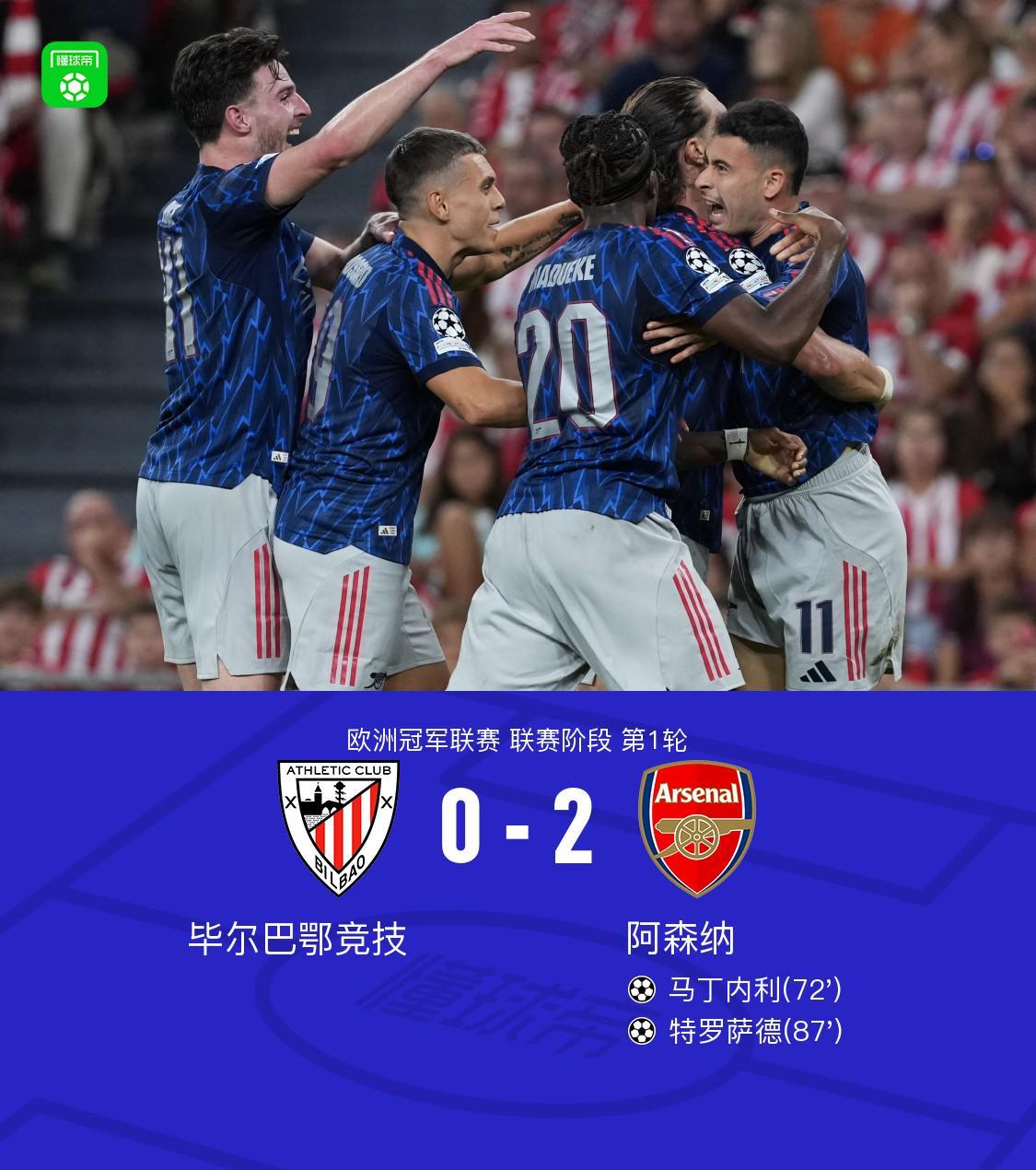 阿森纳客场20毕尔巴鄂竞技，马丁内利、特罗萨德替补互送传射