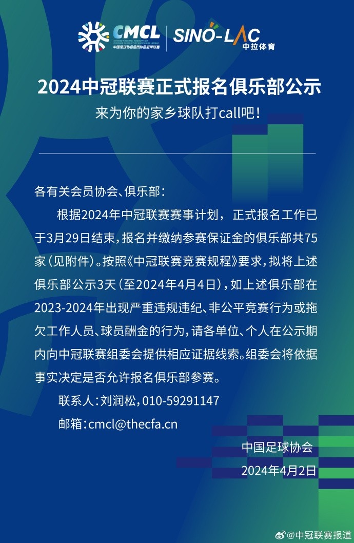 有你的家乡球队吗新赛季中冠报名工作结束，共75队报名