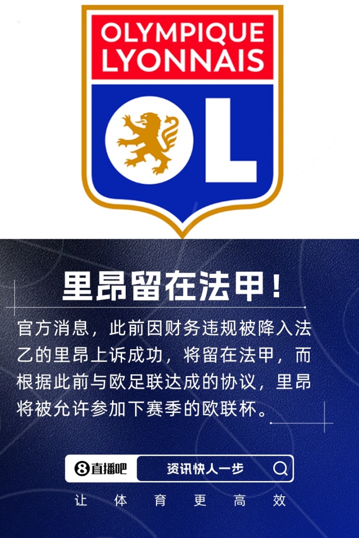 留法甲！队报：里昂需在7月15日前注资6000万欧欧足联提严格要求